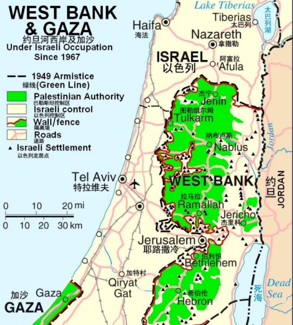 以色列和巴勒斯坦，怎么在地图上看，是一个国家的呢?